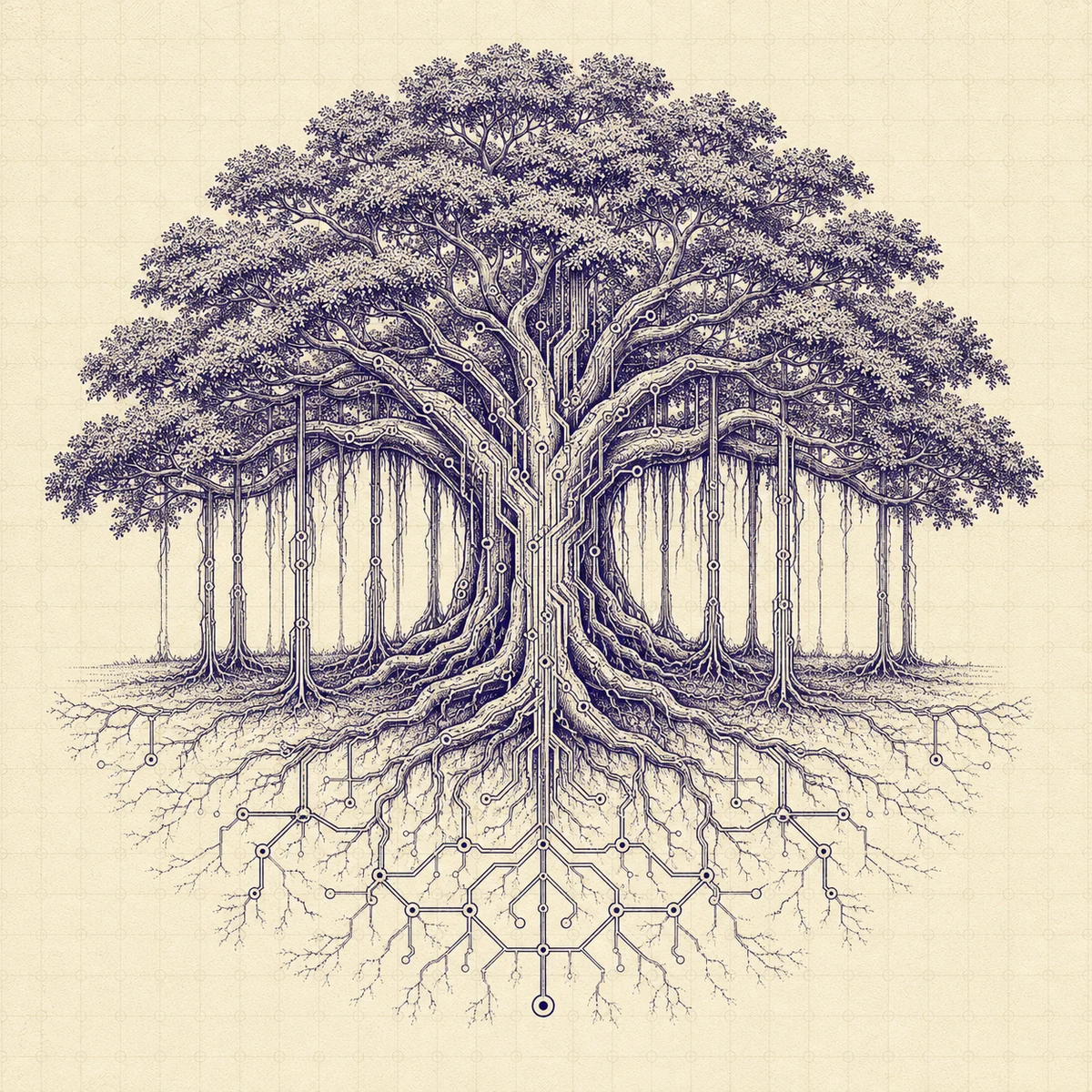 An engraved banyan tree whose roots become a decentralized circuit network